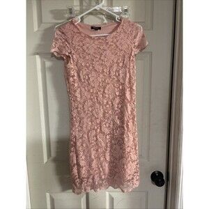 ODCOCD Pink Lace Floral Sheath Dress Knee Length Round Neck Cap Sleeve XS